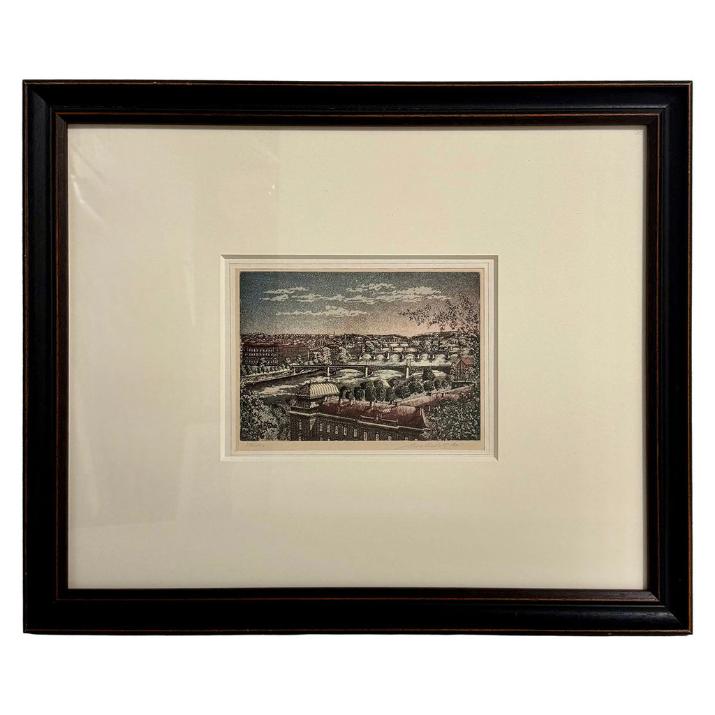 "Vintage View of French City" Etching Signed Numbered