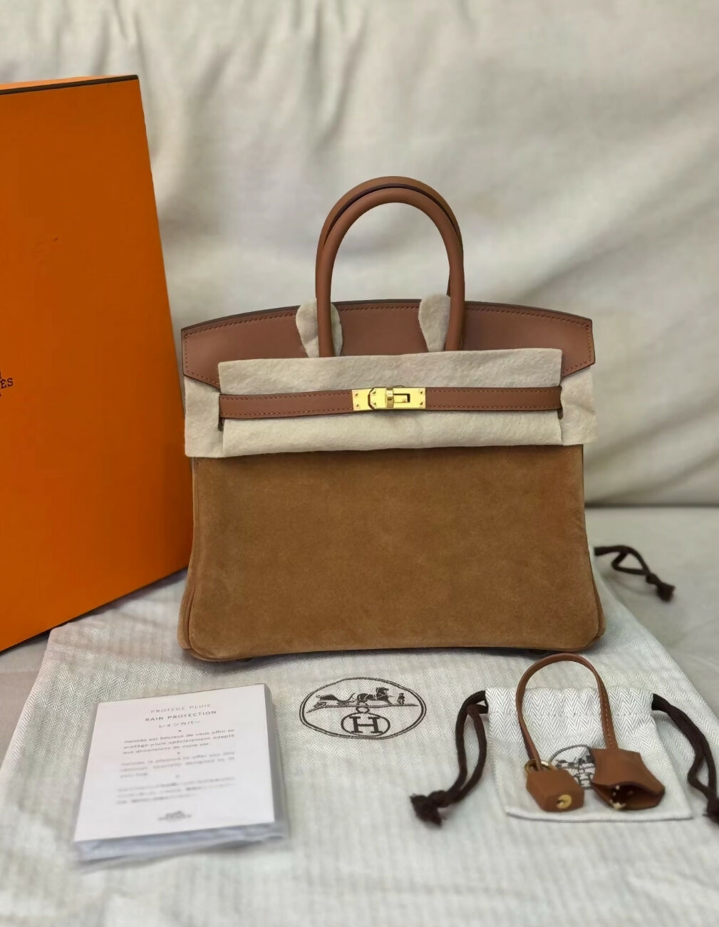 Hermès Birkin 25 Gold Swift and Grizzly Suede Leather Gold Hardware