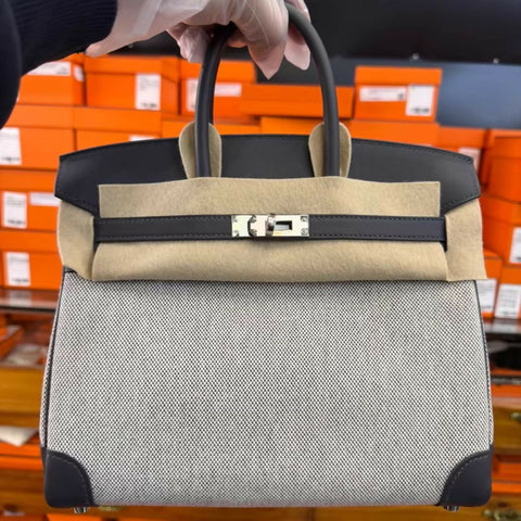 Hermès birkin 25 Black Swift Leather & Toile Retourne palladium hardware