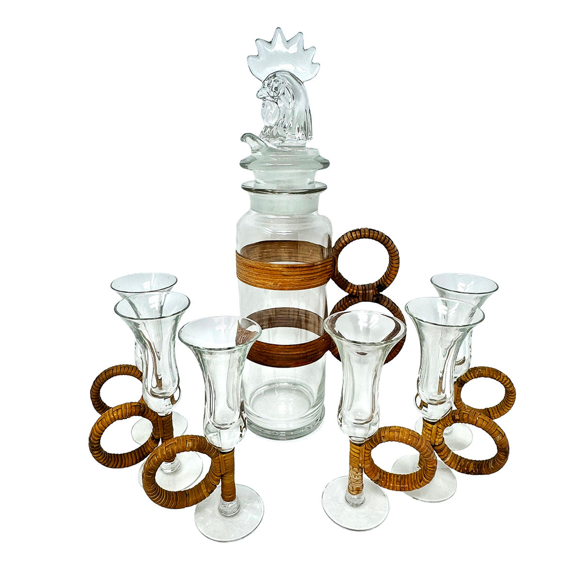 Vintage Glass and Rattan Rooster Cocktail Shaker with 6 Glasses