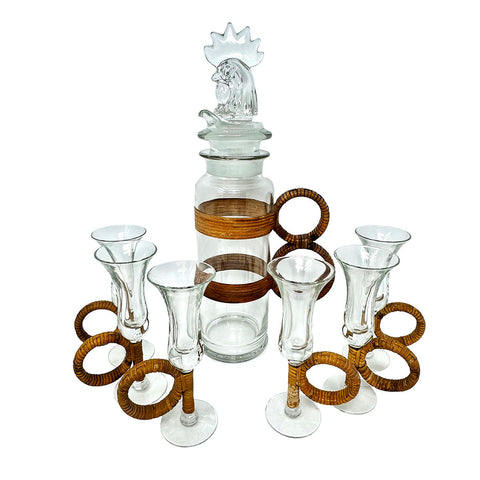 Vintage Glass and Rattan Rooster Cocktail Shaker with 6 Glasses