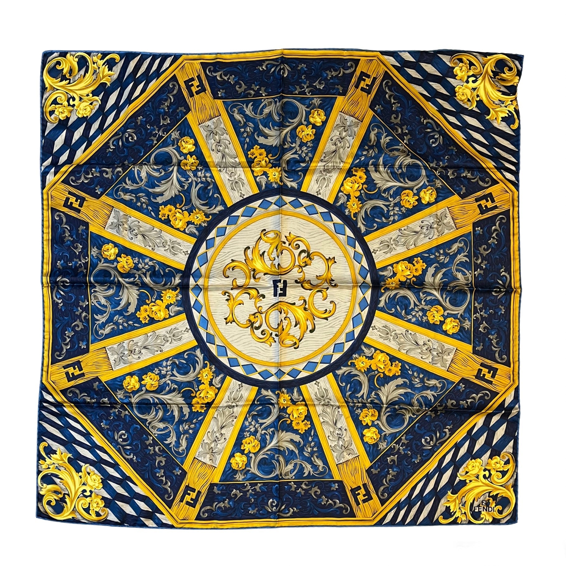 Fendi Navy and Yellow  Silk Scarf