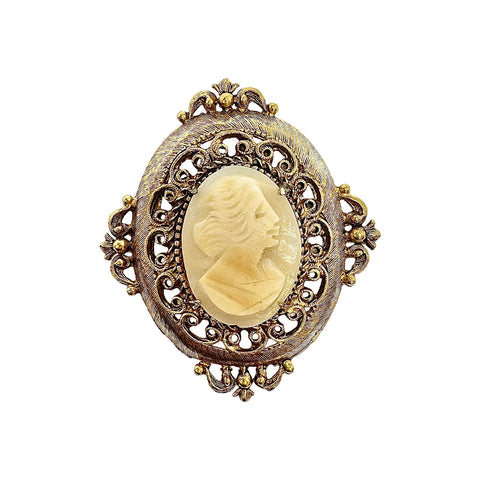 Florenza Signed Gold-tone Filigree Shell Cameo Pin