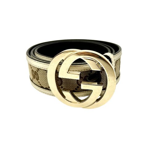 Gucci Logo Embossed Canvas Belt with Leather Trim
