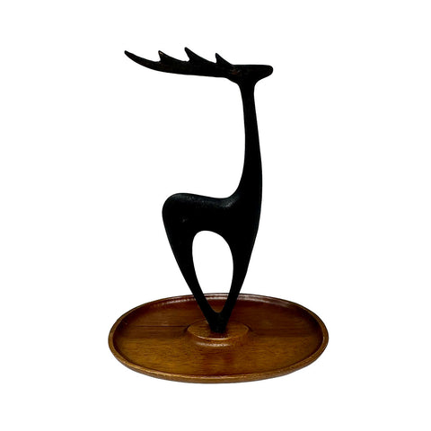 Brutalist Iron Deer with Wood Base/Bowl (small crack)