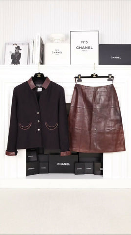 Chanel 2000 burgundy wool & leather  jacket & skirt