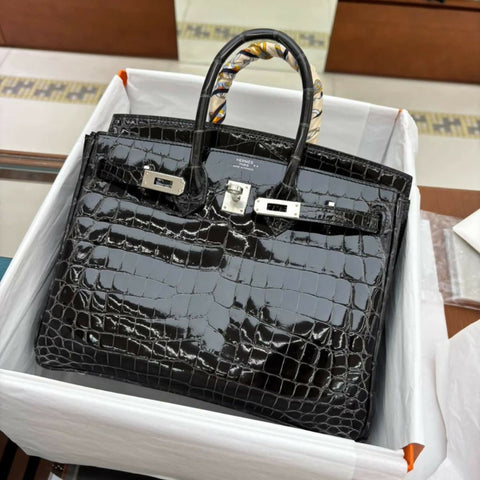 Hermes Birkin 25 Graphite Shiny Crocodile Leather Palladium Hardware