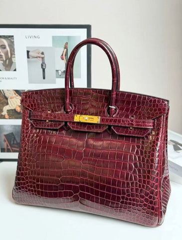 Hermes Birkin 35 Bordeaux Shiny Crocodile Leather Gold Hardware