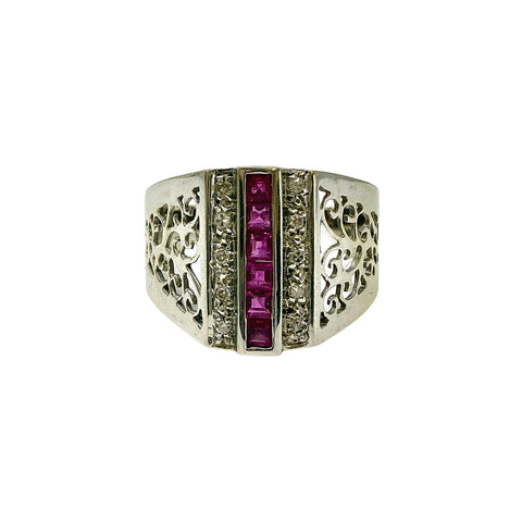 14K White Gold Filigree Ring with Diamond and Rubies