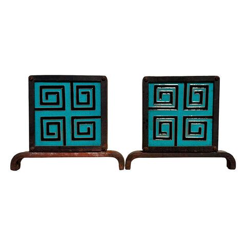 Vintage Artisan Made Art Deco Tile Andirons