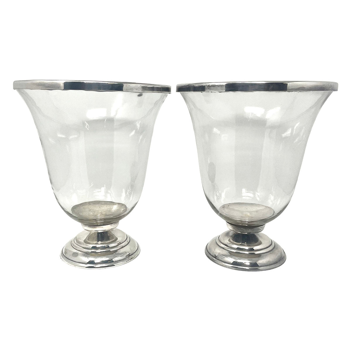 Pair of Glass and Metal Hurricane Candle Holders