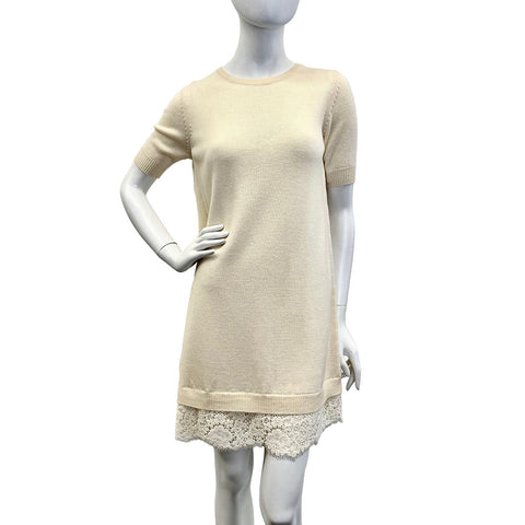Ermanno Scervino Lined Short Sleeve Wool Dress with Lace Hem