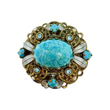 Vintage West German Filigree Brooch Pin with Turquoise GLass Rhinestones
