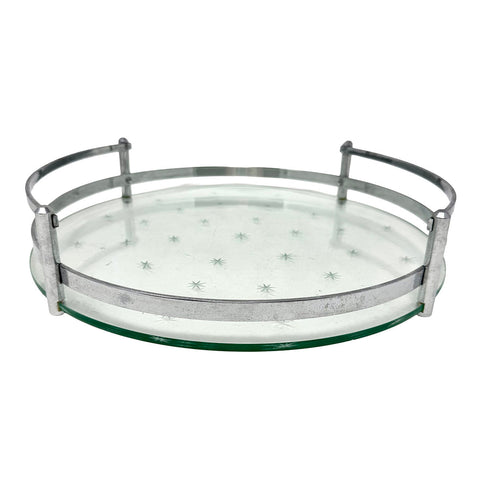 Round Art Deco Glass Tray with Gated Metal Rim