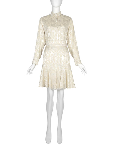 Azzedine Alaia Vintage SS 1986 Ivory Embroidered Shirt and Skirt Ensemble