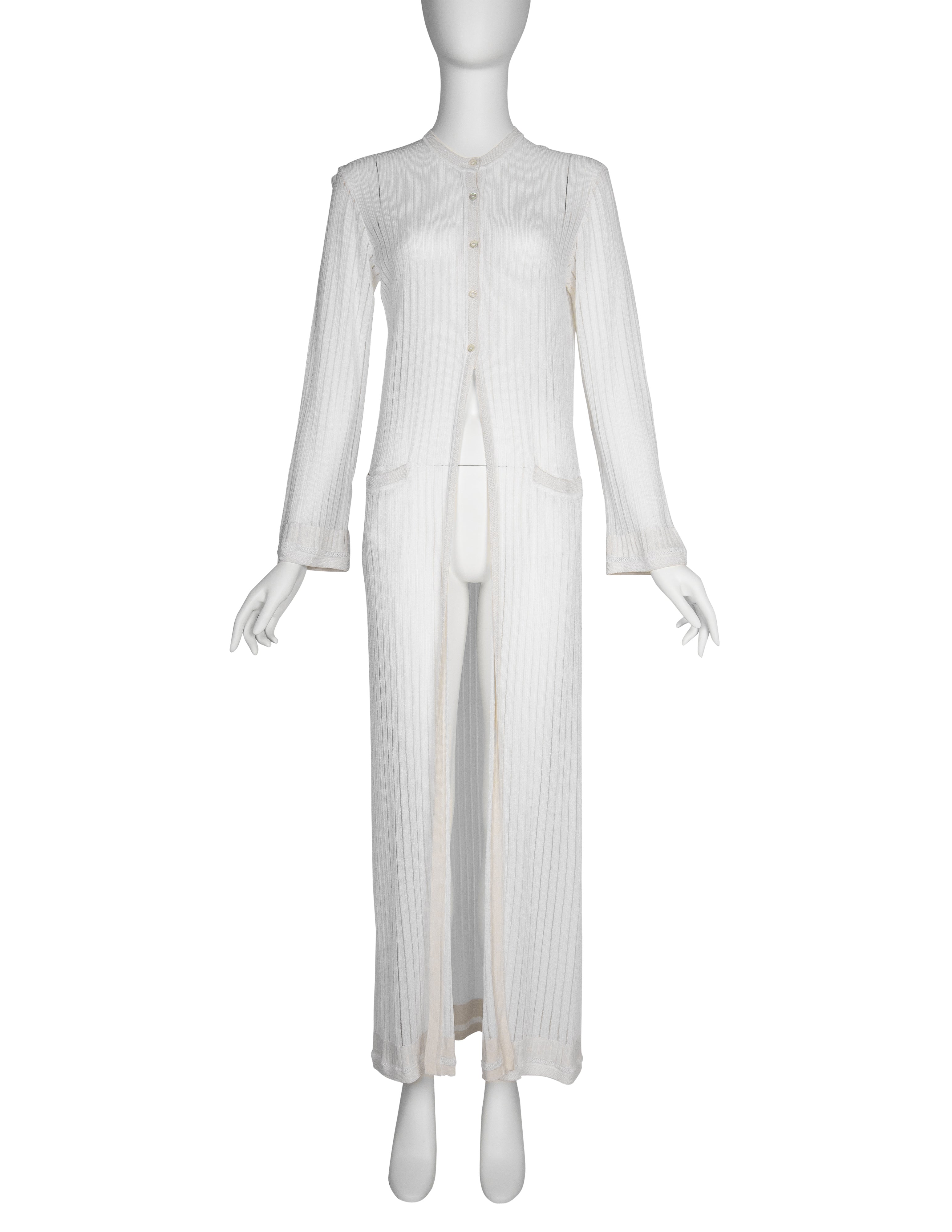 Azzedine Alaia Vintage SS 1992 Sheer White Striped Mesh Knit Maxi Duster Cardigan