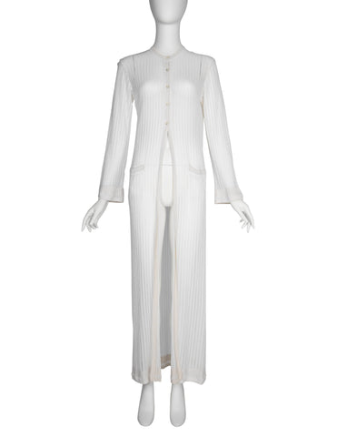 Azzedine Alaia Vintage SS 1992 Sheer White Striped Mesh Knit Maxi Duster Cardigan