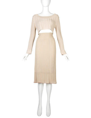 Azzedine Alaia Vintage SS 1987 Two Tone Beige Ribbed Knit Crop Top and Skirt Ensemble
