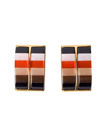 Vintage 1980s Italian Orange & Black Colorblock Resin Oversized Golden Earrings