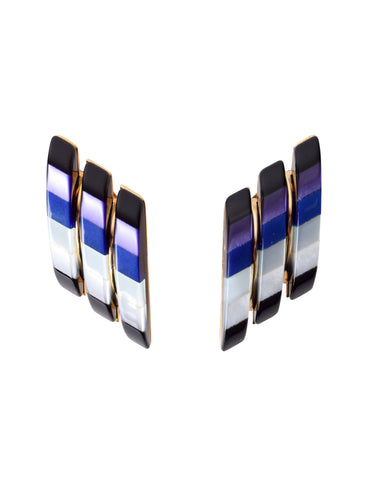 Vintage 1980s Italian Blue Purple Black Colorblock Resin Oversized Golden Earrings