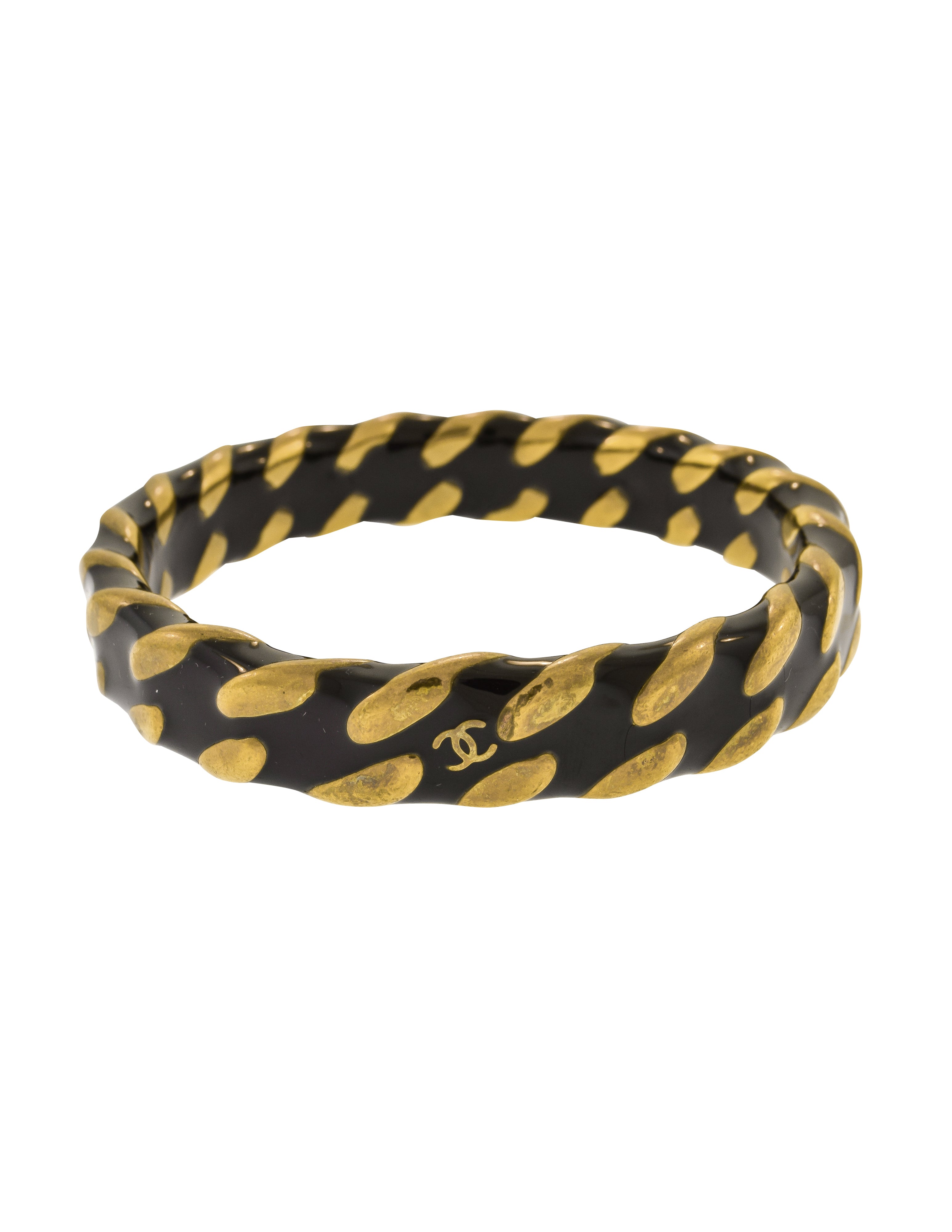 Chanel Vintage AW 1997 Black Enamel and Brass Chain Bangle Bracelet