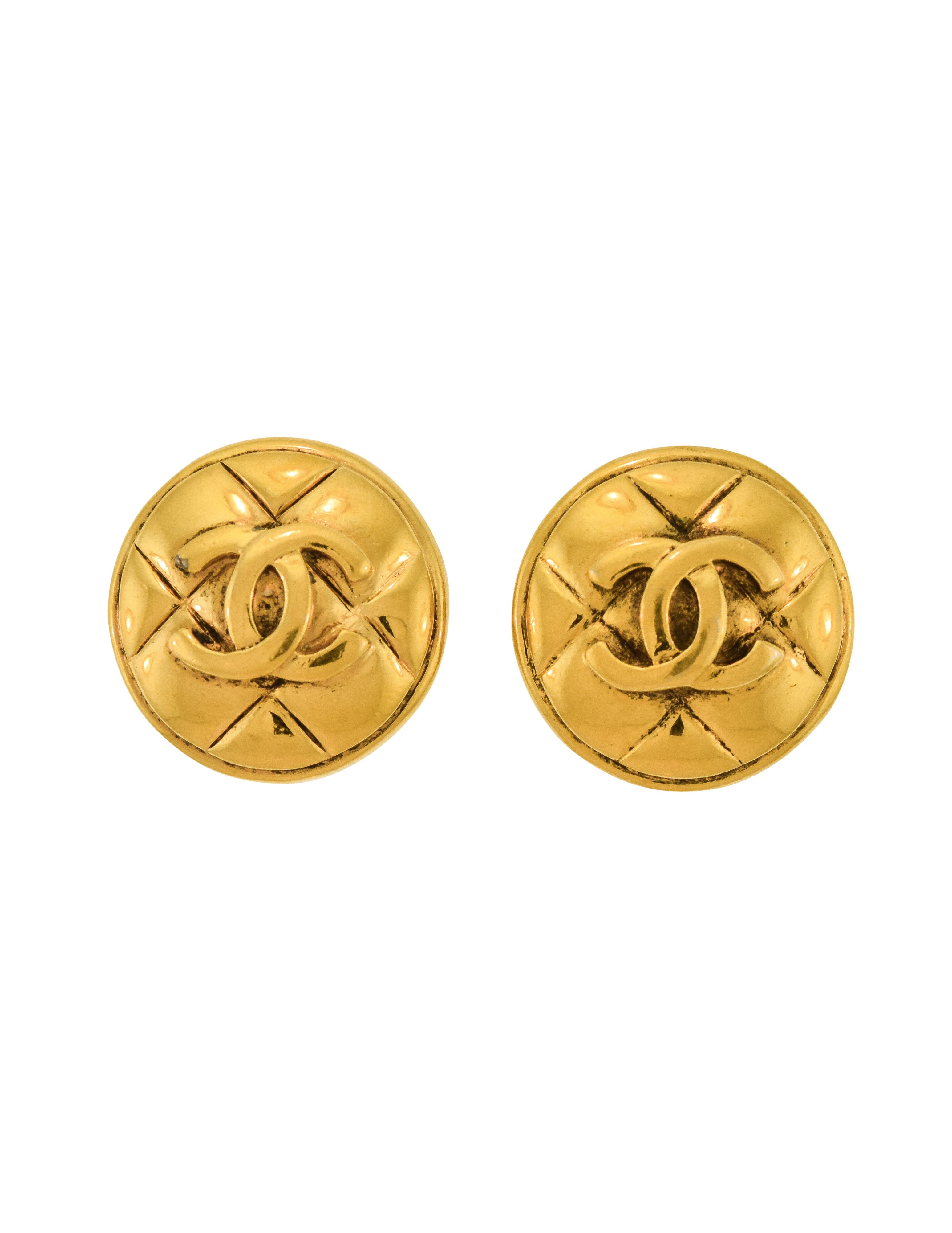 Chanel Vintage 1980s Golden Round Quilted CC Logo Earrings
