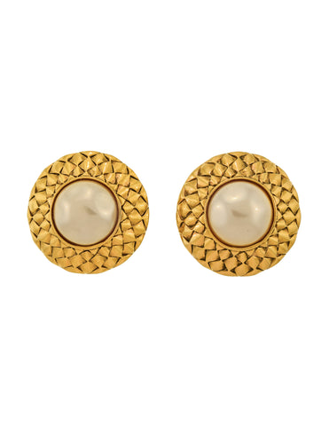 Chanel Vintage 1980s Large Golden Weave Frame Pearl Earrings