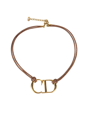 Christian Dior Vintage AW 2000 by John Galliano Golden CD Logo Brown Leather Necklace