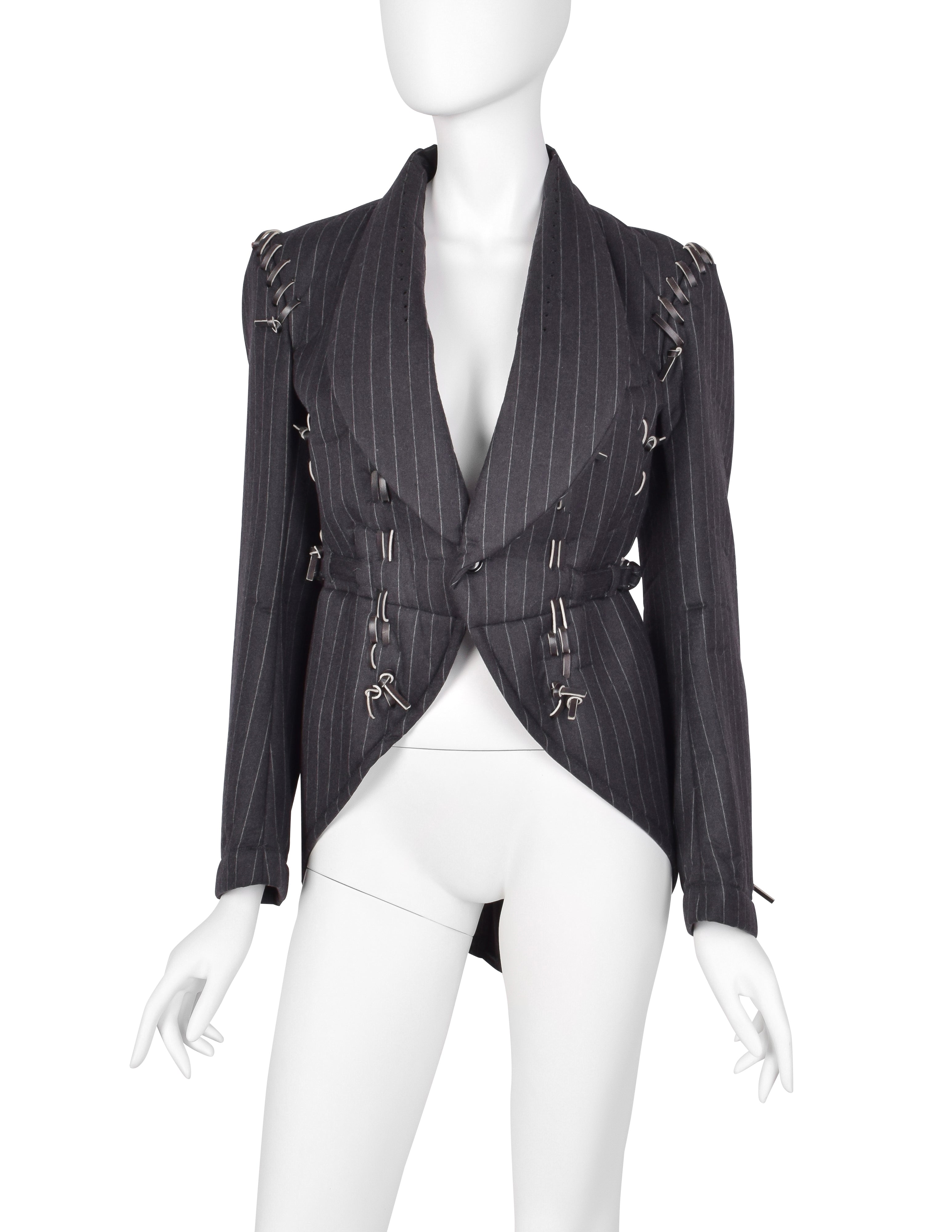 Comme des Garcons Vintage SS 2005 Charcoal Grey Leather Lace Up Pinstripe Padded Jacket