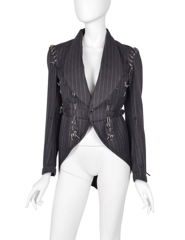 Comme des Garcons Vintage SS 2005 Charcoal Grey Leather Lace Up Pinstripe Padded Jacket