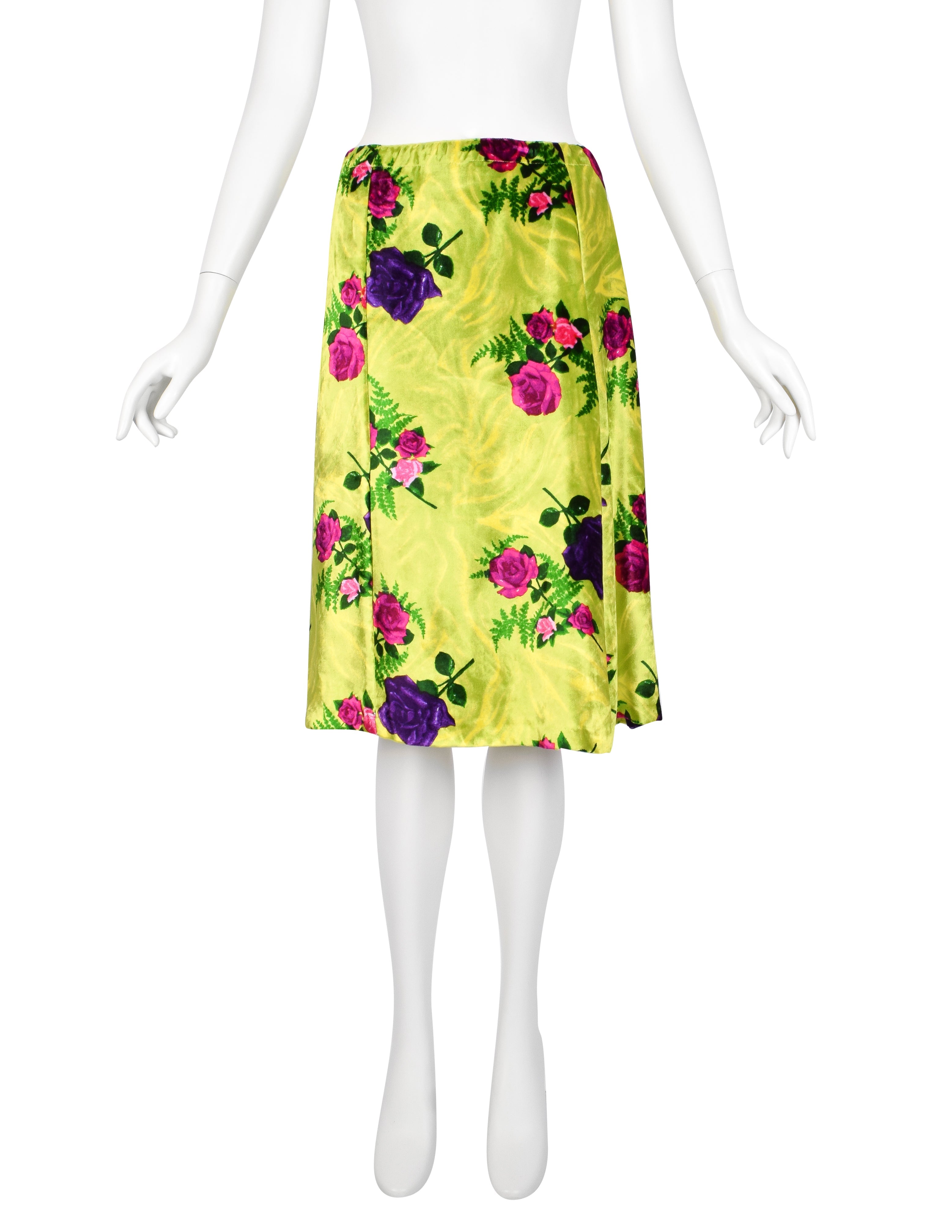 Dries Van Noten Vintage AW 1996 Purple and Pink Rose Print Chartreuse Velvet Skirt