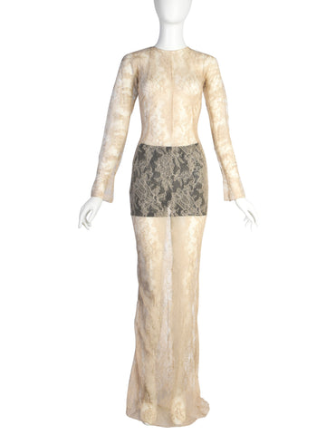 RESERVED - Dolce & Gabbana Vintage SS 1999 Beige Lace Sheer Gown with Black Lingerie Shorts