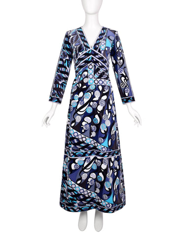 Emilio Pucci Vintage 1960s Purple Blue Black Floral Geometric Psychedelic Velvet Maxi Dress