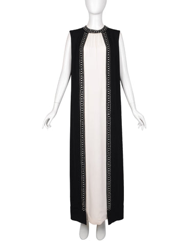 Esther Wolf Vintage 1960s Rhinestone Adorned Black Cream Layered Column Gown