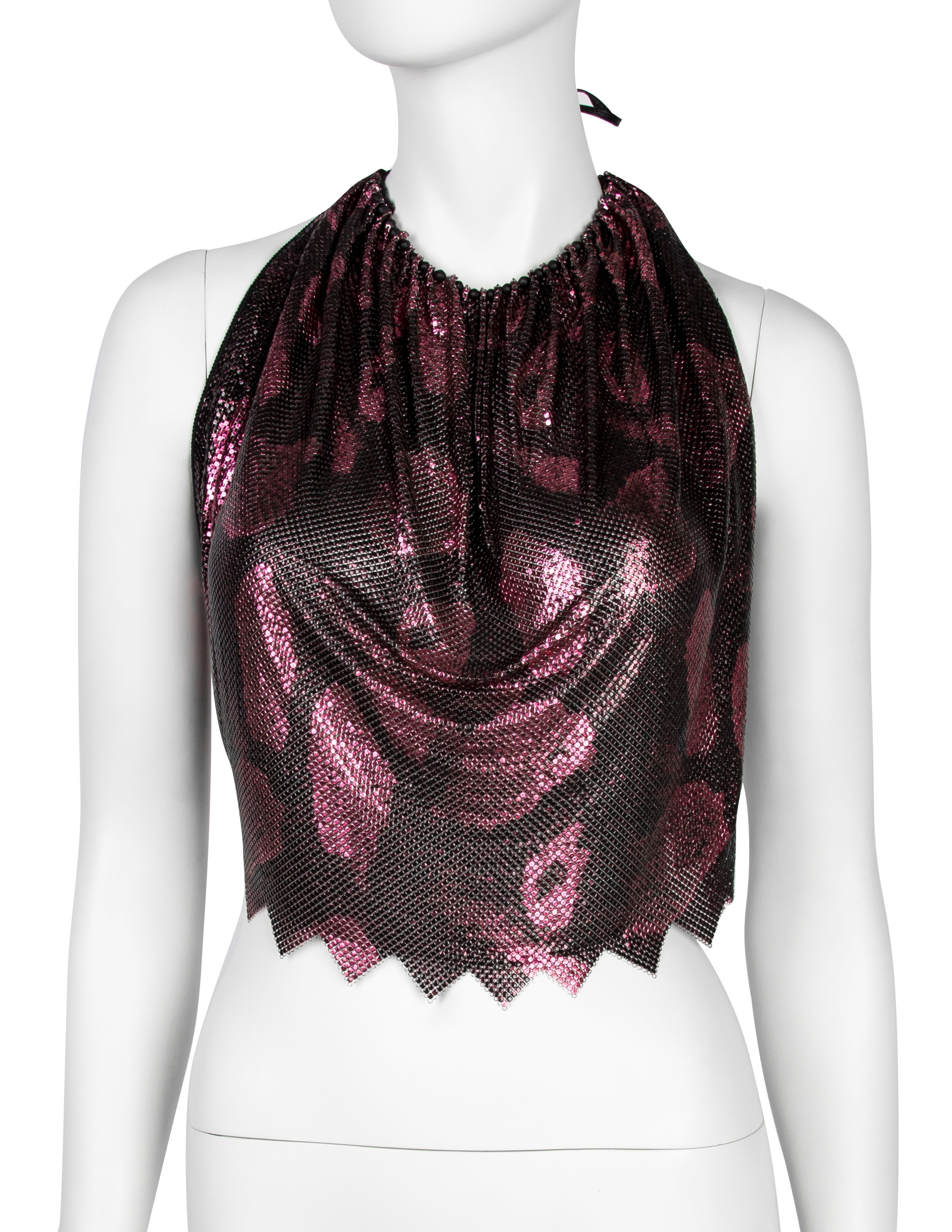 Ferrara Archive Iconic Metallic Pink and Black Snake Print Metal Mesh Halter Top