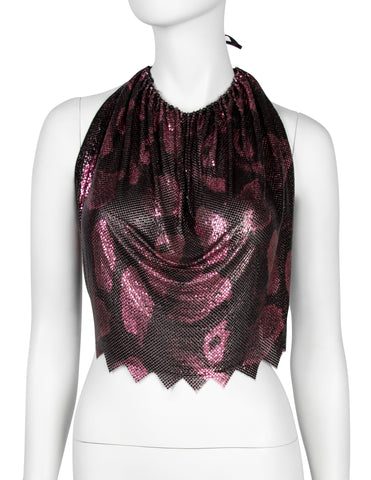 Ferrara Archive Iconic Metallic Pink and Black Snake Print Metal Mesh Halter Top
