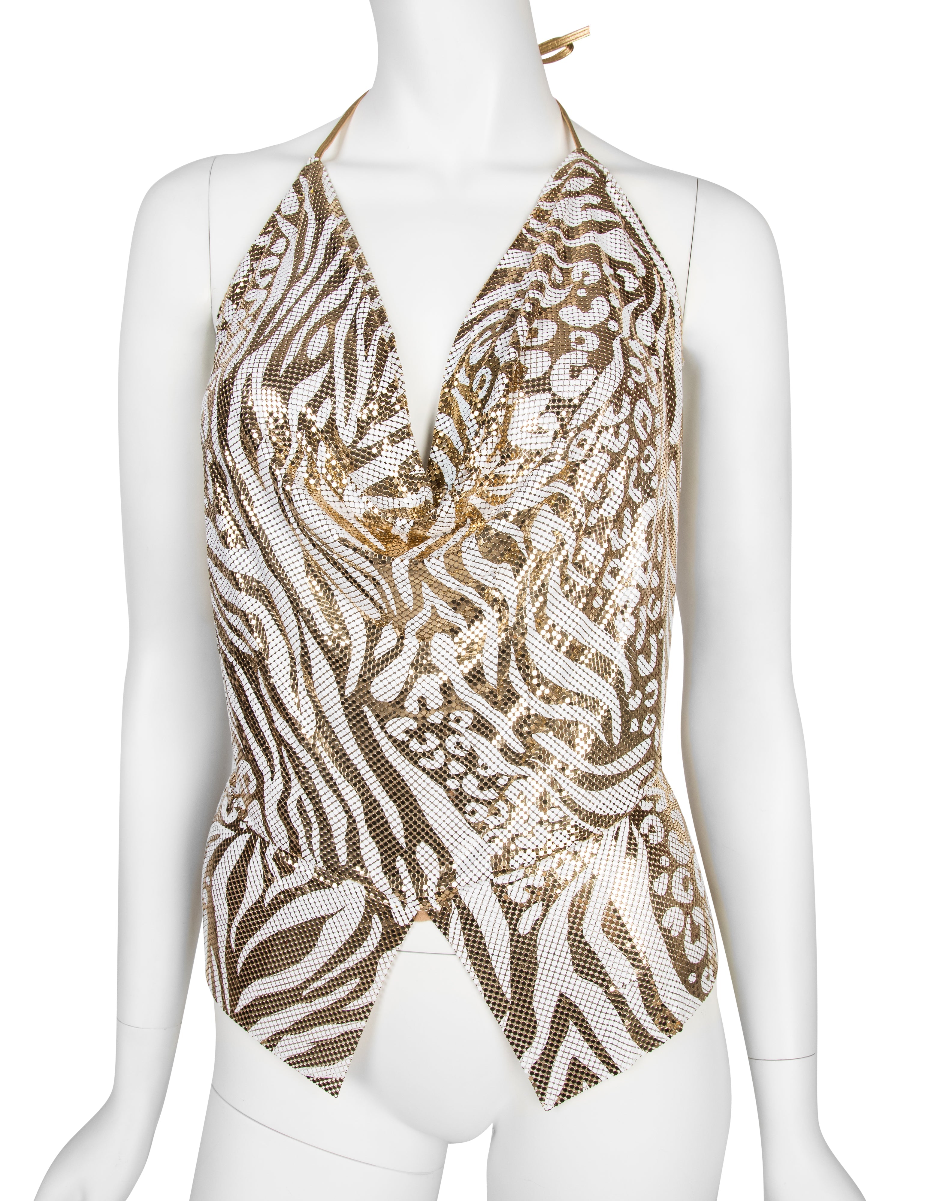 Ferrara Archive Iconic White and Gold Metallic Metal Mesh Halter Top