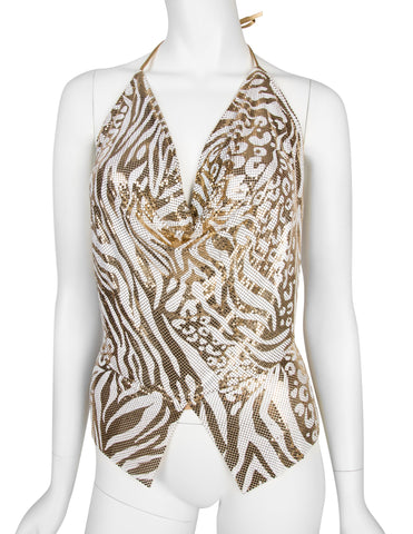 Ferrara Archive Iconic White and Gold Metallic Metal Mesh Halter Top