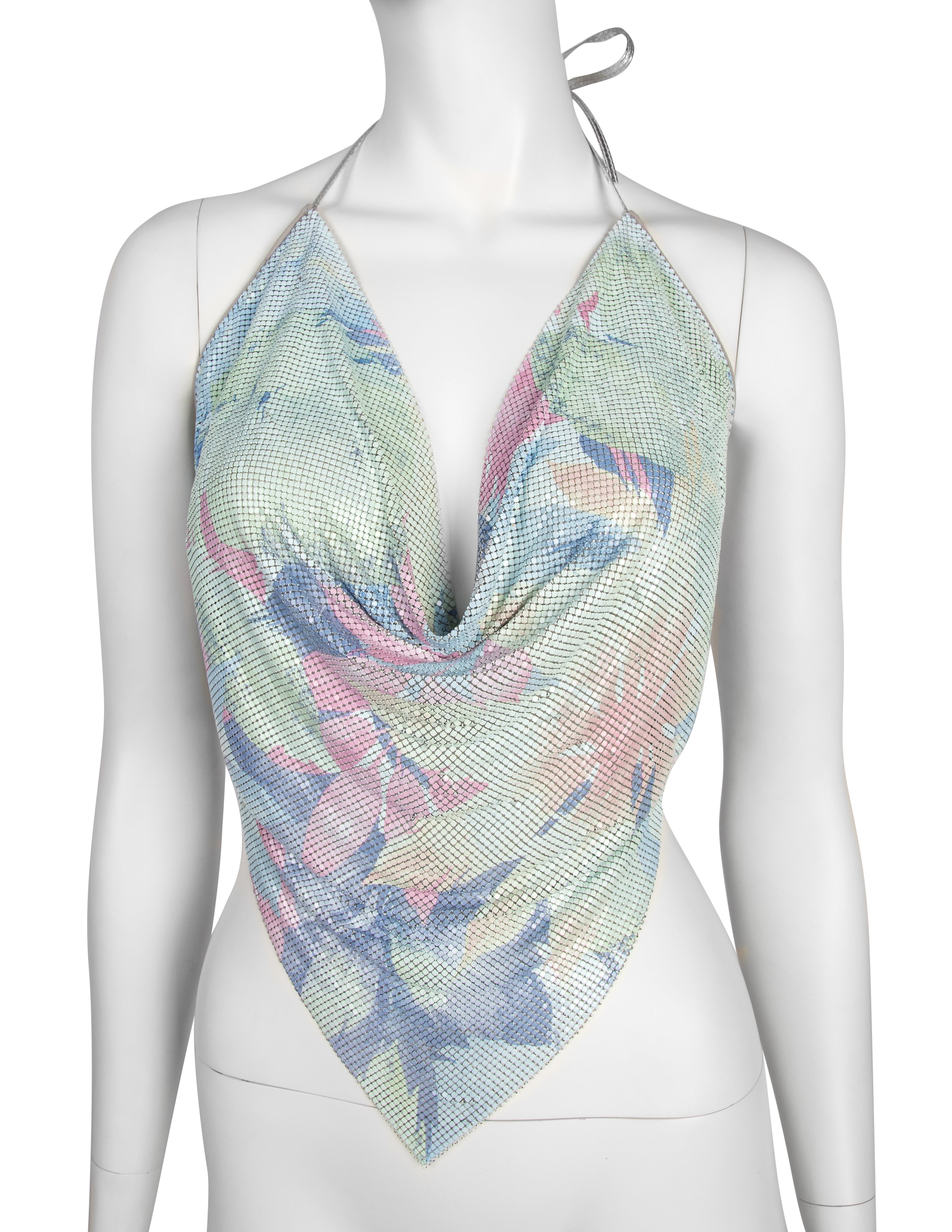 Ferrara Archive Iconic Tropical Print Pastel Metal Mesh Pointed Halter Top