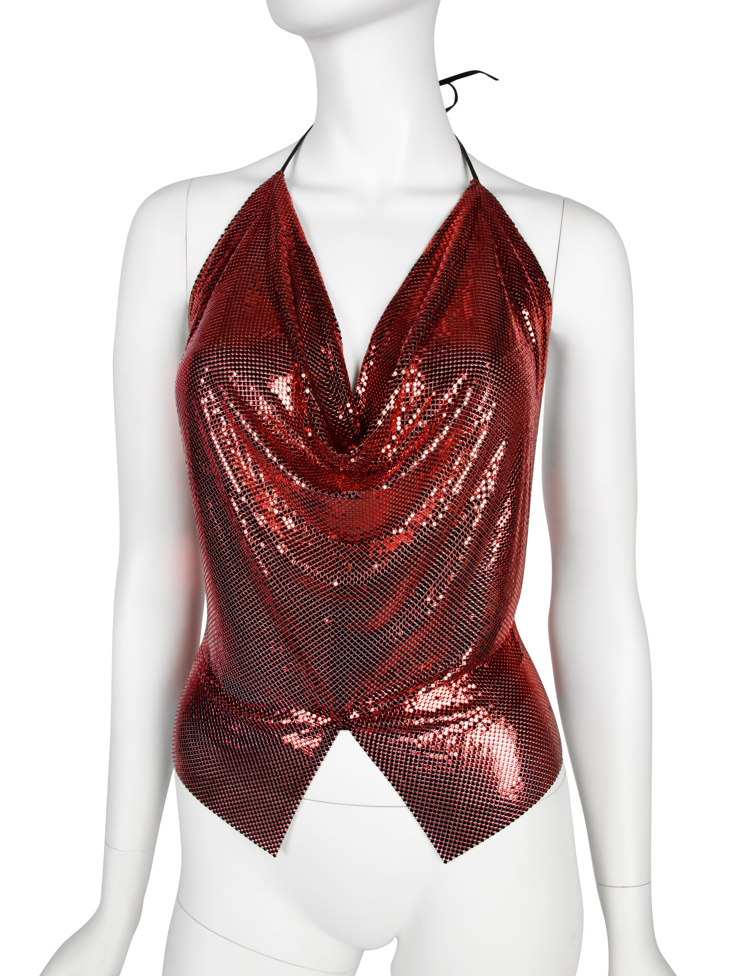 Ferrara Archive Iconic Ruby Red Metallic Metal Mesh Halter Top