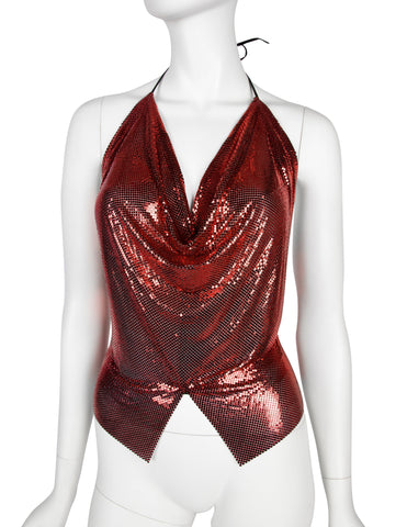 Ferrara Archive Iconic Ruby Red Metallic Metal Mesh Halter Top