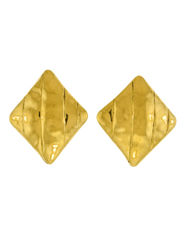 Frances Patiky Stein Vintage 1980s Golden Hammered Oversized Diamond Shaped Earrings