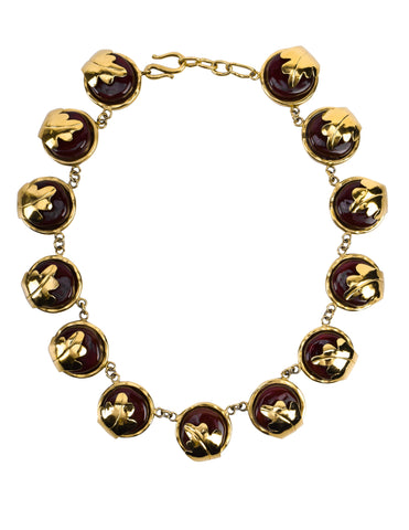 Frances Patiky Stein Vintage Red Gripoix and Golden Leaf Necklace
