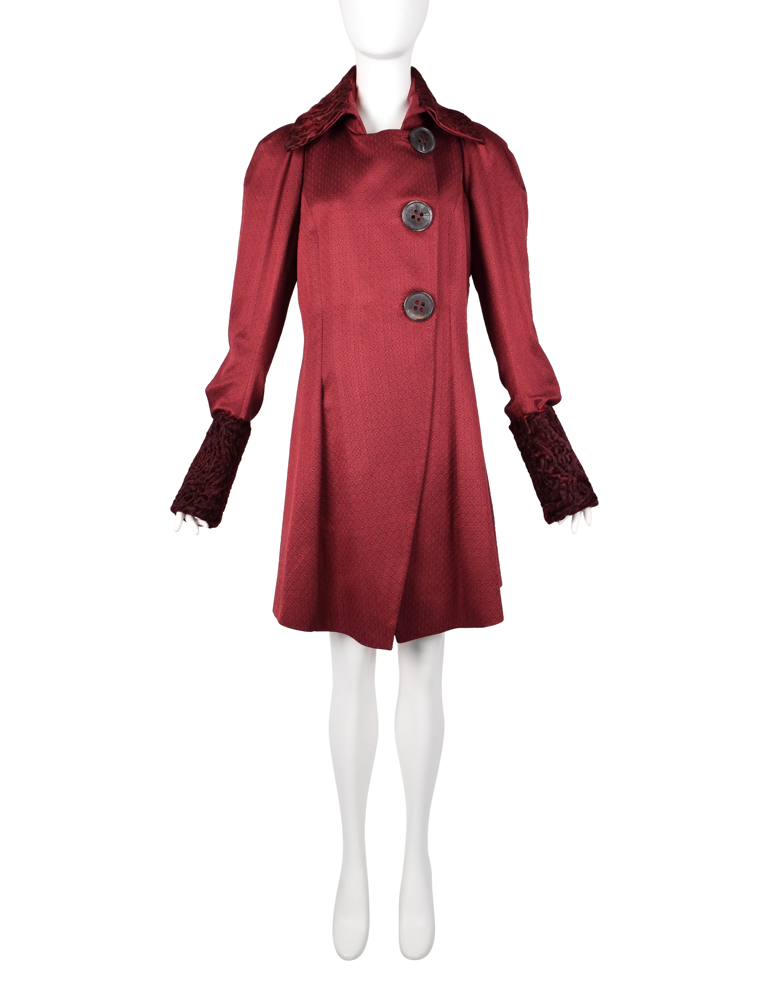 John Galliano Vintage AW 2007 Burgundy Jacquard Persian Lamb Collar Coat