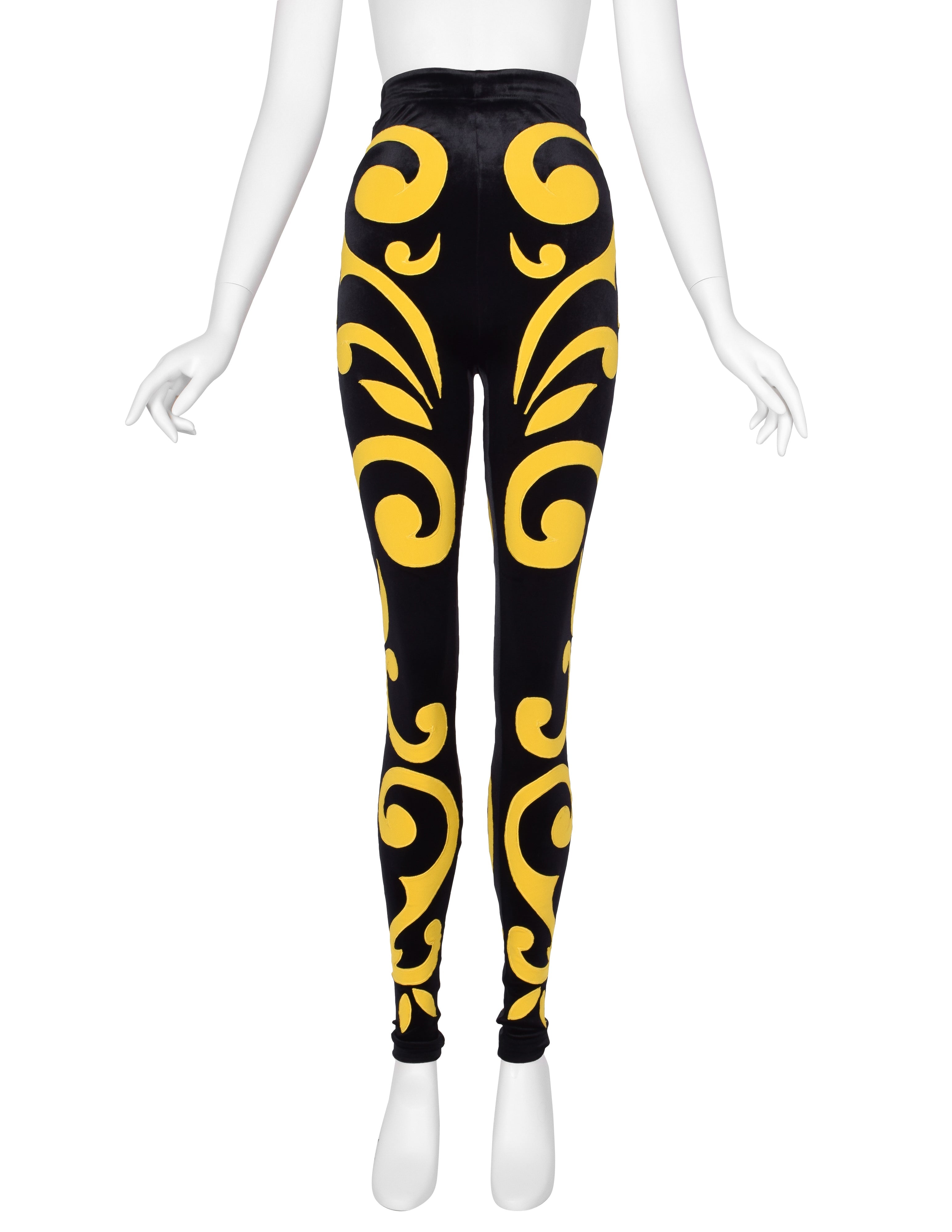 Gianni Versace Vintage AW 1991 Black Velvet Leggings with Scrolling Applique