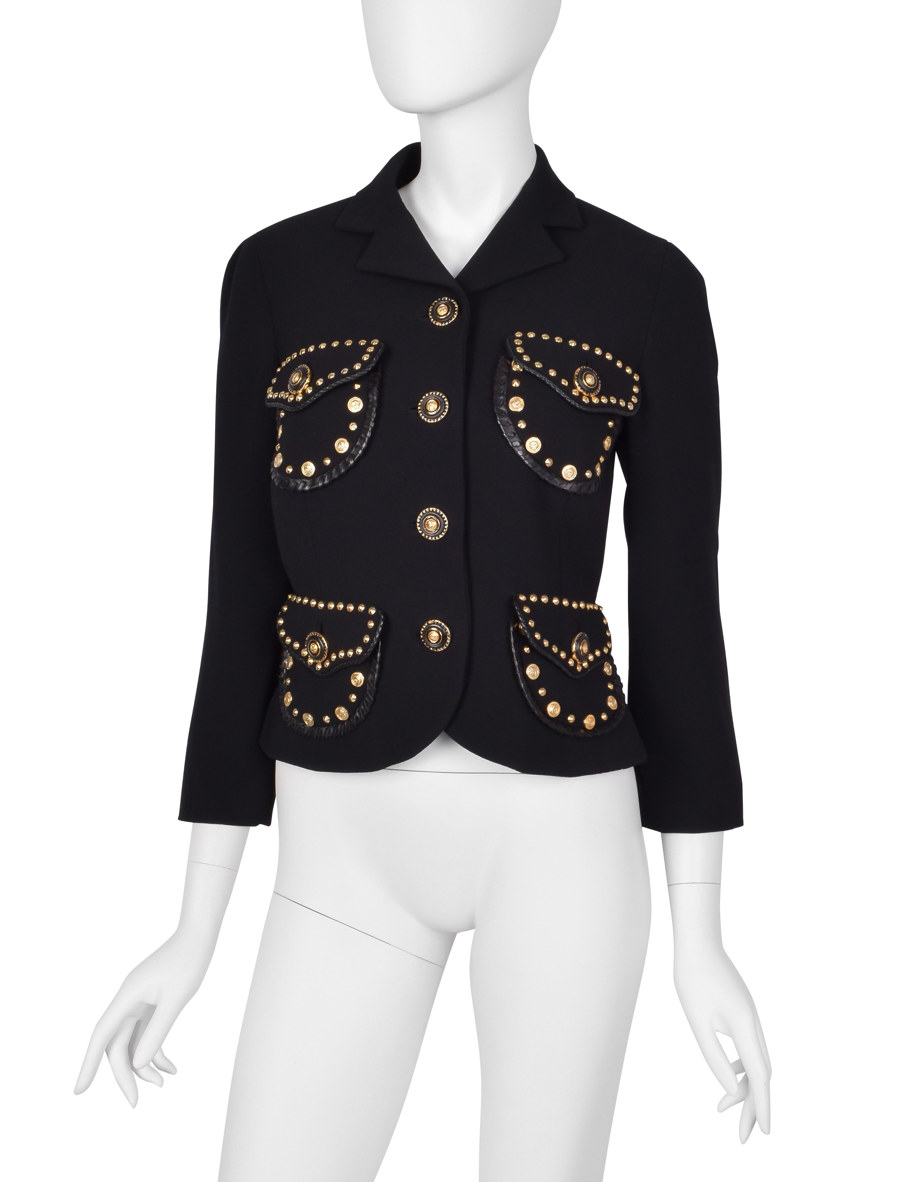 Gianni Versace Vintage AW 1992 Black Wool Western-Inspired Gold Studded Jacket