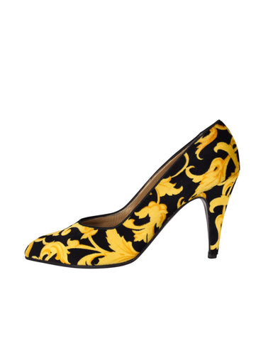 Gianni Versace Vintage Early 1990s Black and Yellow Baroque Print Velvet Pumps