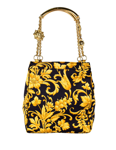 Gianni Versace Vintage Early 1990s Black and Yellow Baroque Floral Bucket Bag