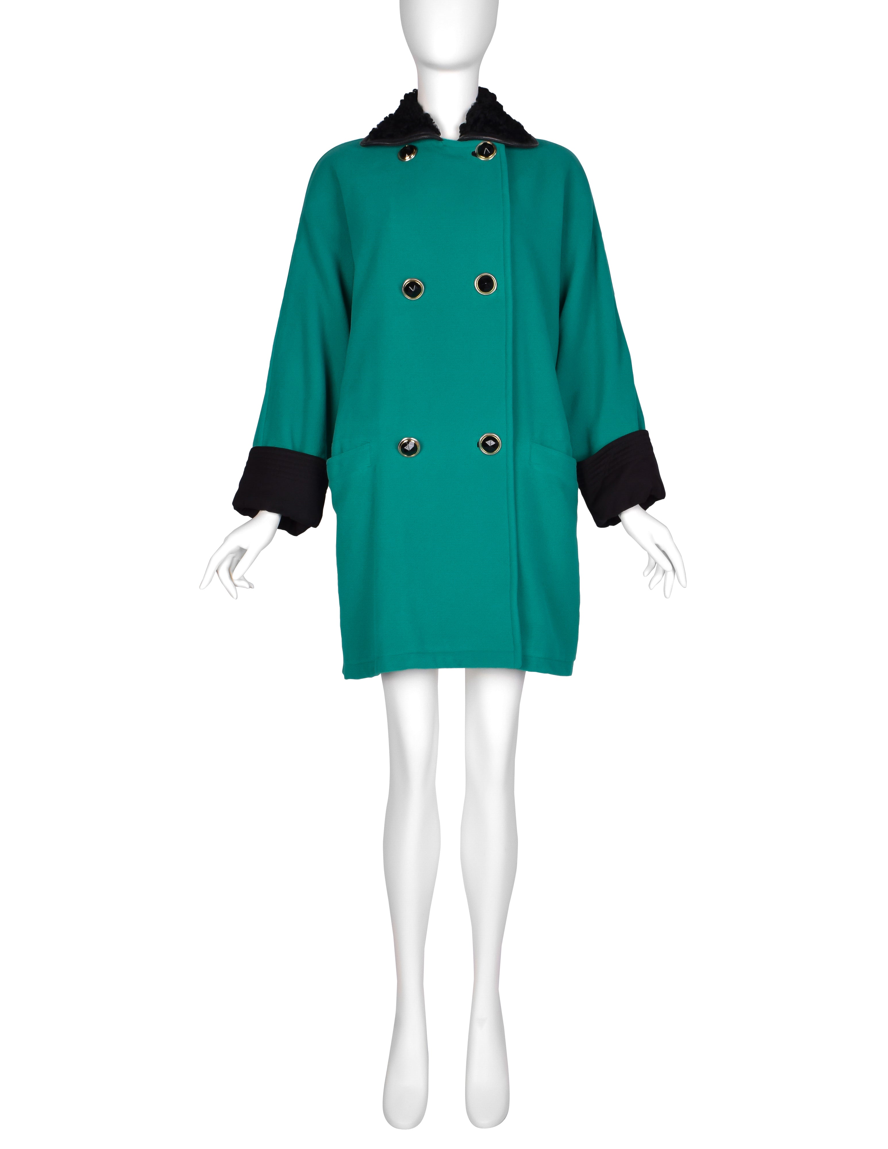 Gianni Versace Vintage 1990s Teal Wool Cashmere Shearling Collar Coat