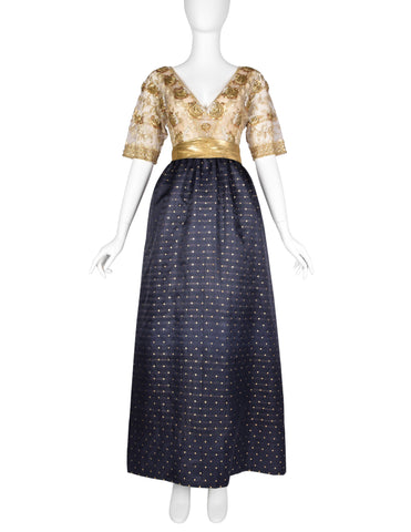 Givenchy Haute Couture Vintage 1970s Gold Embellished Bodice and Blue Silk Faille Evening Gown